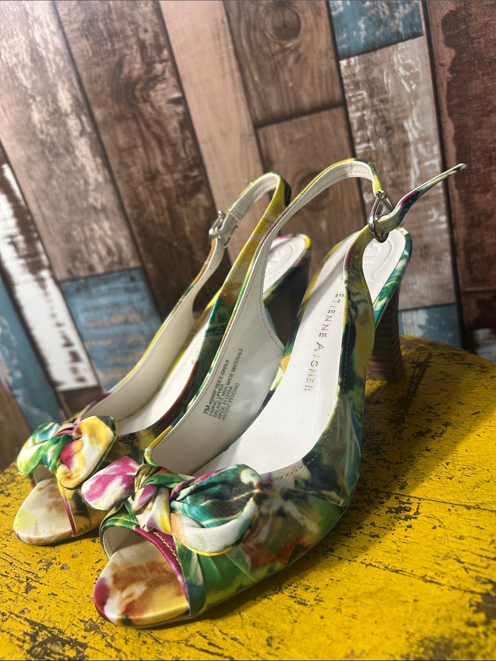 Etienne Aigner Floral Slingback Heels in Green, Yellow, Pink